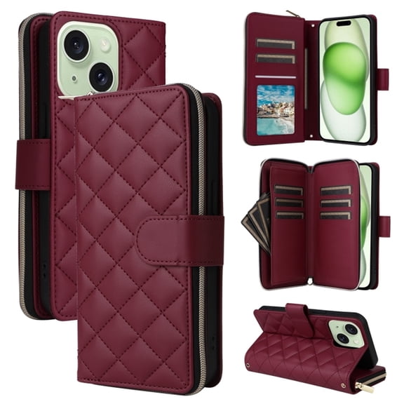 For Apple iPhone 15 Plus / 14 Plus Wallet Case Magnetic Flip Cover 9-Card Slots Zipper Pocket With Detachable Shoulder Strap And Wrist Strap,Wine red