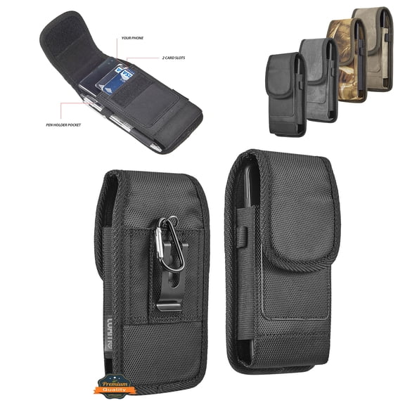 For Apple iPhone 15 Plus /15 Pro Max Universal Nylon Pouch Case Vertical Phone Holster with Dual Card Slots, Pen Holder, Belt Clip Loop & Hook Cover - Black