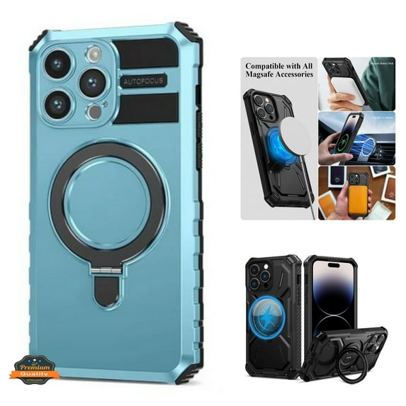 For Apple iPhone 15 Plus (6.7") Hybrid Bumper Invisible Stand Compatible with Magsafe 360° Ring Kickstand Shockproof Phone Case Cover by Xpression - Sky Blue