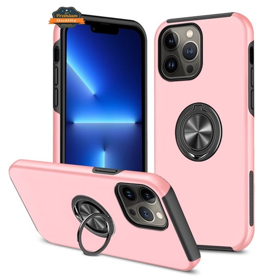 For Apple iPhone 15 Plus (6.7") Hybrid Military Grade with Flat Metal Ring Stand 360° Rotation Kickstand Hard Back Slim Phone Case Cover by Xpression - Pink
