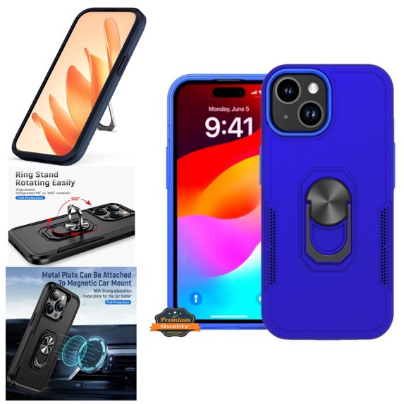 For Apple iPhone 15 Plus (6.7") Military Grade Armor Heavy Shockproof Hybrid Kickstand Built-in 360°Rotate Ring Stand Phone Case Cover by Xpression - Blue
