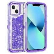 For Apple iPhone 15 Plus 6.7 inch Dual Layer Protective Shockproof Tough Defender Sparkling Liquid Glitter Heart Case Cover Purple