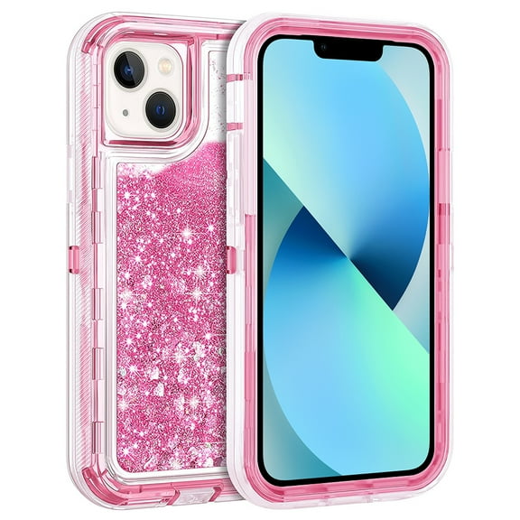 For Apple iPhone 15 Plus 6.7 inch Dual Layer Protective Shockproof Tough Defender Sparkling Liquid Glitter Heart Case Cover light Pink
