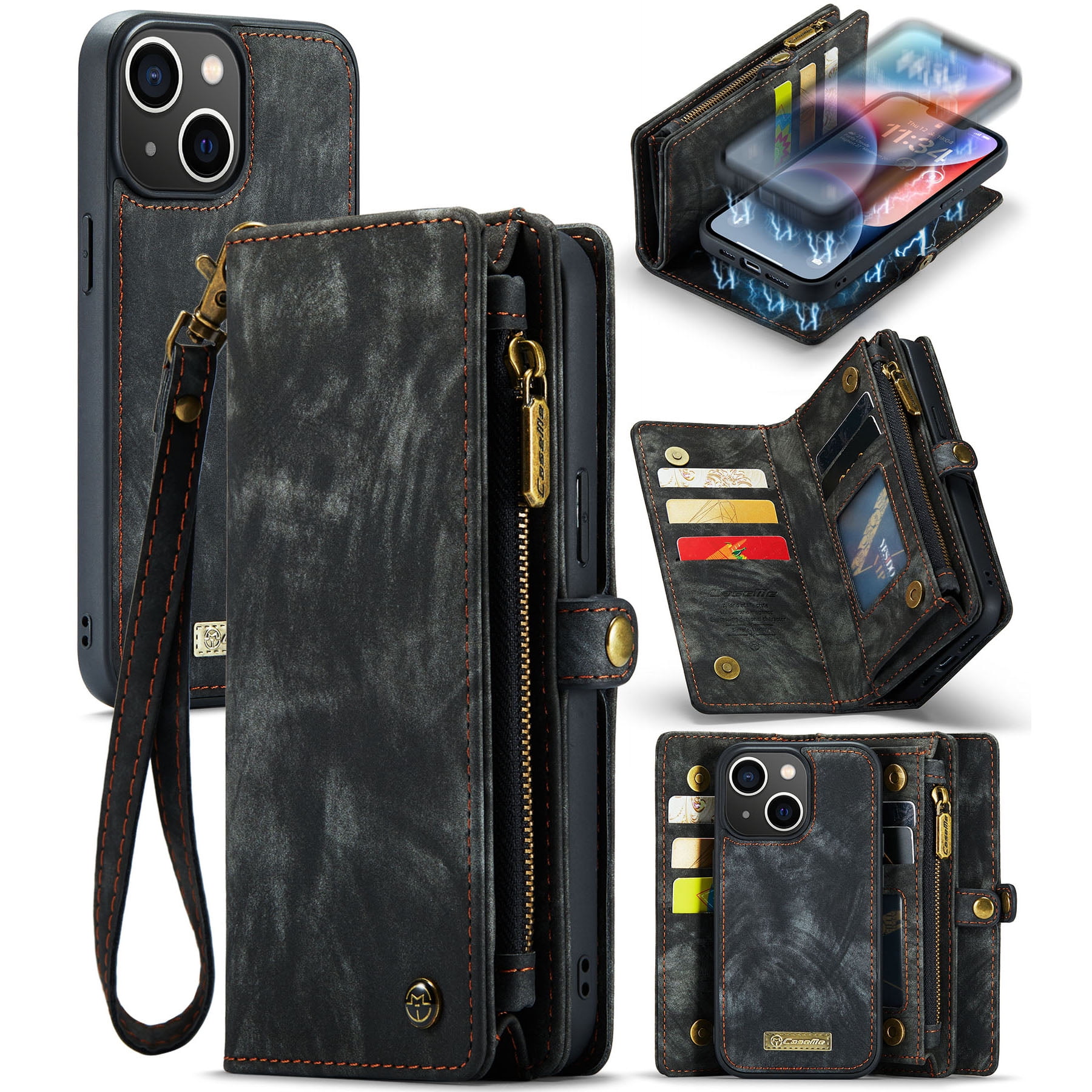 For Apple iPhone 15 Plus Wallet Case,Multi-Functional Retro Leather Purse Flip Cover Zipper Wallet Case with Removable Card Slots Pocket & Detachable Wrist Strap Magnetic Phone Case, Black