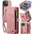 thumbnail image 1 of For Apple iPhone 15 Plus Wallet Case,Multi-Functional Retro Leather Purse Flip Cover Zipper Wallet Case with Removable Card Slots Pocket & Detachable Wrist Strap Magnetic Phone Case, Pink, 1 of 10