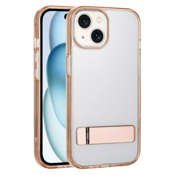 For Apple iPhone 15 Plus / iPhone 14 Plus 6.7 inch Transparent Crystal Building Kickstand Shockproof Protective Hybrid Case Cover Rose Gold