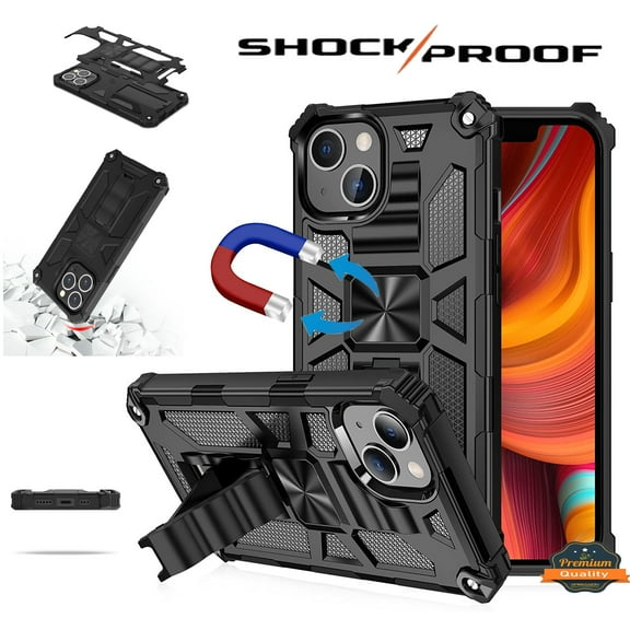 For Apple iPhone 15 Pro (6.1") Built in Magnetic Kickstand, Military Hybrid Bumper Heavy Duty Dual Layers Rugged Stand Phone Case Cover by Xpression - Black