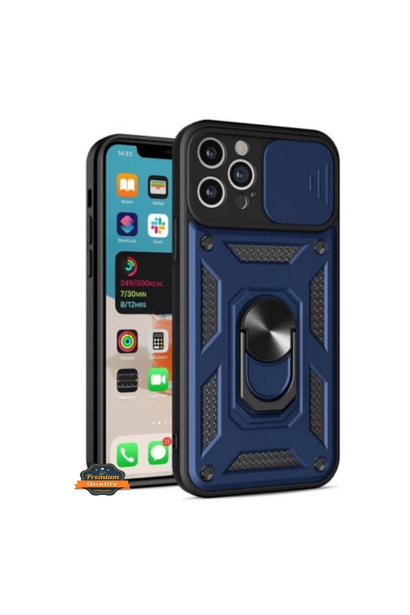 For Apple iPhone 15 Pro (6.1") Built in Sliding Camera Lens Protection & Finger Ring Stand Holder Hybrid Shockproof Phone Case Cover by Xpression - Blue