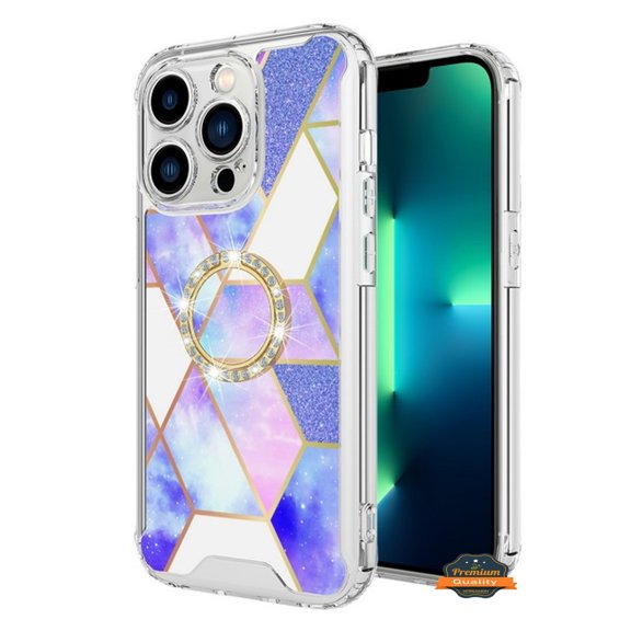 For Apple iPhone 15 Pro (6.1") Fashion Design Pattern Hybrid Ring Kickstand Bling Diamond Hard TPU Protective Phone Case Cover by Xpression - Purple Marble Rhombic