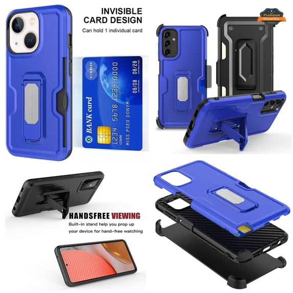 For Apple iPhone 15 Pro (6.1") Hybrid Invisible ID Card Slot Wallet with Kickstand Holster Belt Clip Holder Heavy Duty Phone Case Cover by Xpression - Blue