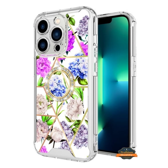 For Apple iPhone 15 Pro Max (6.7") Fashion Design Pattern Hybrid Ring Kickstand Bling Diamond Hard Protective Phone Case Cover by Xpression - Colorful Hydrangea