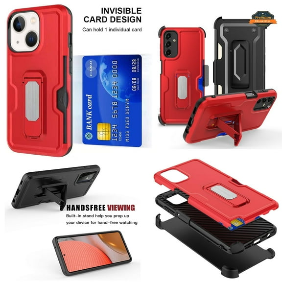 For Apple iPhone 15 Pro Max (6.7") Hybrid Invisible Card Slot Wallet with Kickstand Holster Belt Clip Holder Heavy Duty Phone Case Cover by Xpression - Red