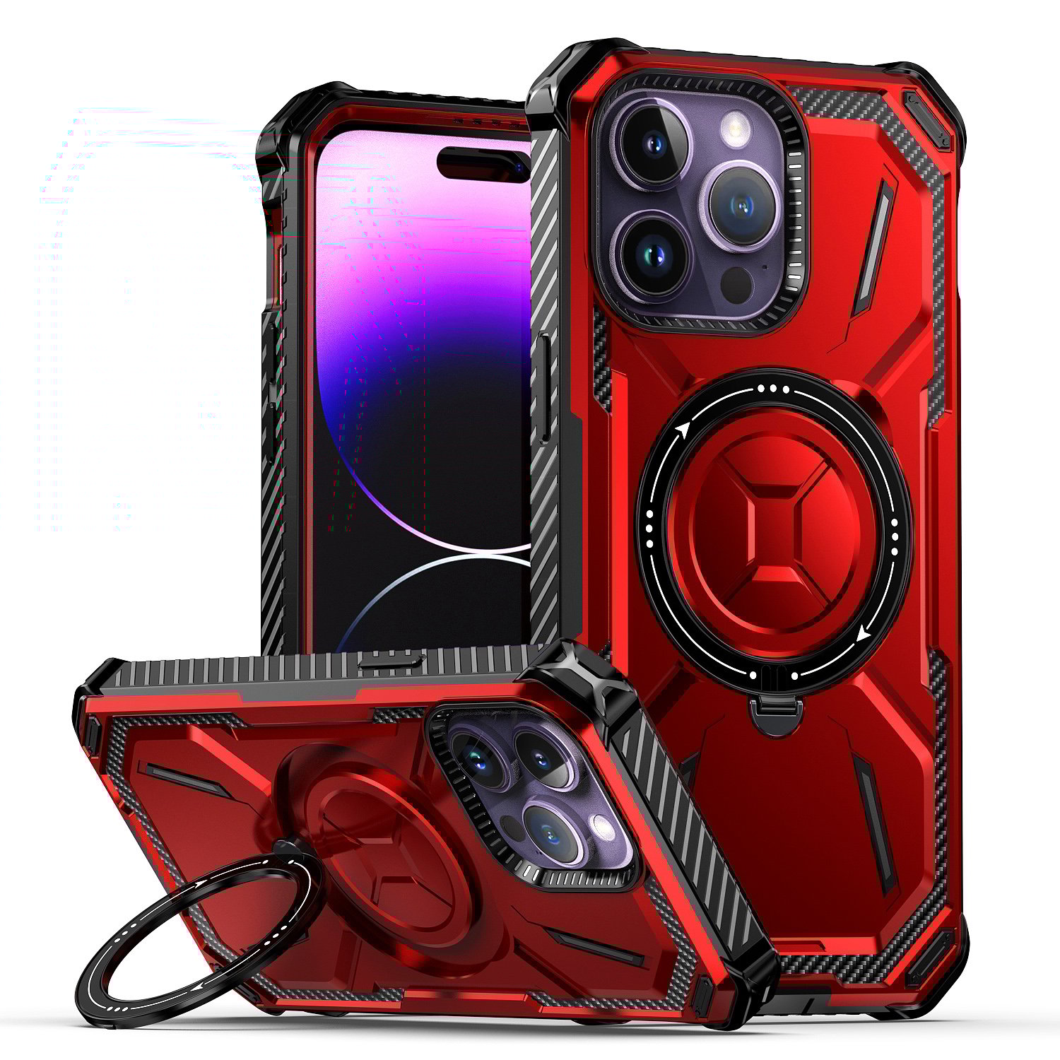 For Apple iPhone 15 Pro Max 6.7" Magnetic Rind Stand Car Mount Holder Magsafe Wireless Charging Shockproof Protective Hybrid Case Cover Red