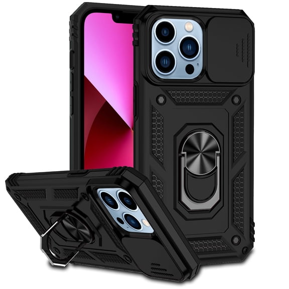 For Apple iPhone 15 Pro Max (6.7") Shockproof Edge Bumper with Camera Lens Protection & 360° Rotate Ring Kickstand Cover ,Xpm Phone Case [ Black ]