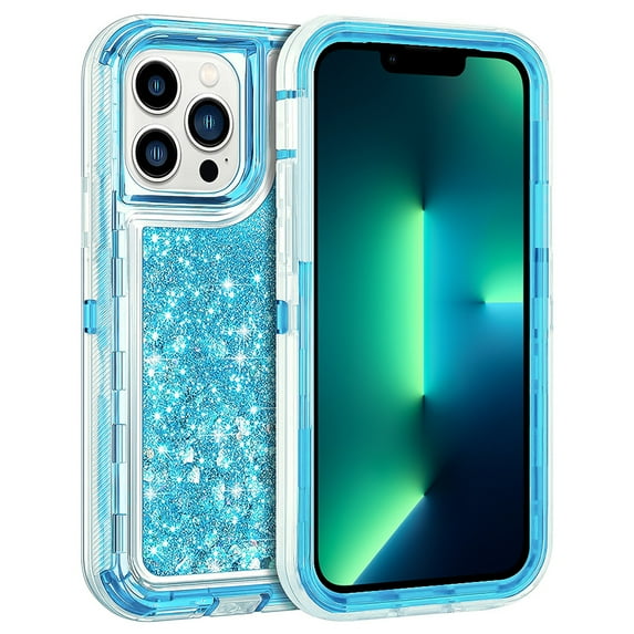 For Apple iPhone 15 Pro Max 6.7 inch Dual Layer Protective Shockproof Tough Defender Sparkling Liquid Glitter Heart Case Cover Blue