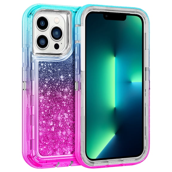 For Apple iPhone 15 Pro Max 6.7 inch Dual Layer Protective Shockproof Tough Defender Sparkling Liquid Glitter Heart Case Cover Teal/Pink