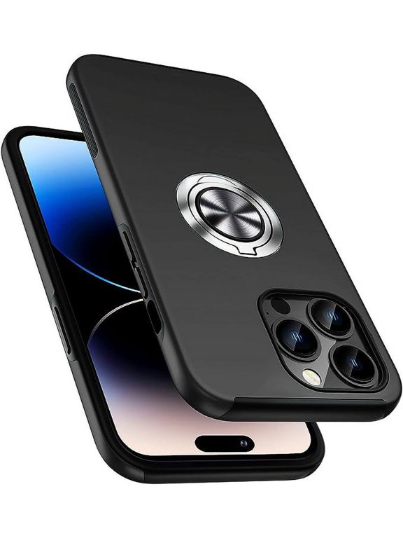 For Apple iPhone 15 Pro Max Heavy Duty with Built in Ring Case, Kickstand Rugged Phone Cover Magnetic Car Mount Compatible - Black