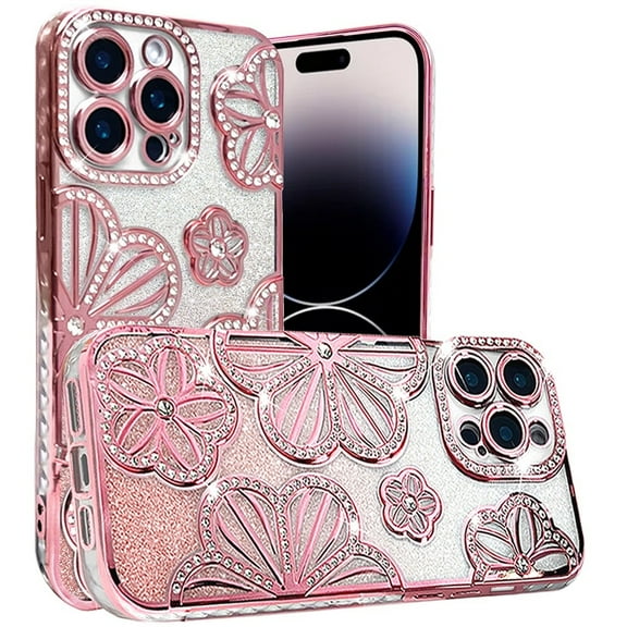 For Apple iPhone 15 Pro Max Luxury Floral Design Sparkle Glitter Diamond Crystal Rhinestone Shimmer Bling Plating Thick TPU Hard PC Cover, XPM Phone Case [Flower Rose Gold]