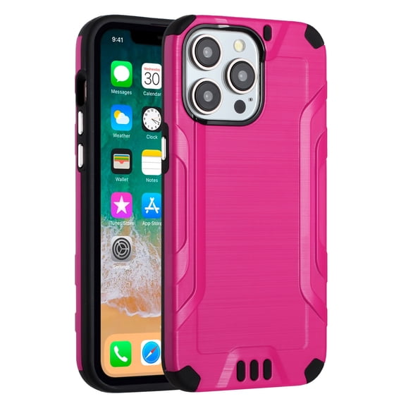 For Apple iPhone 15 Pro Strong Tough Metallic Brush Texture Design Hybrid Dual Layers Hard PC + TPU Rubberized Silicone Cover ,Xpm Phone Case [ Hot Pink ]