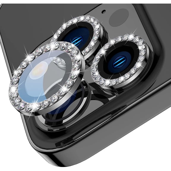For Apple iPhone 15 Pro / iPhone 15 Pro Max Diamond Bling Ring Crystal Tempered Glass Camera Len Protector Cover Black