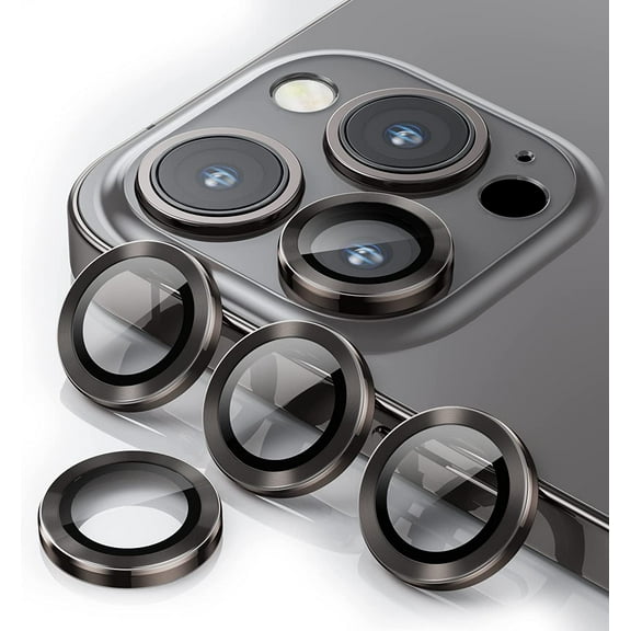 For Apple iPhone 15 Pro / iPhone 15 Pro Max Metal Ring Crystal Tempered Glass Camera Len Protector Cover Black