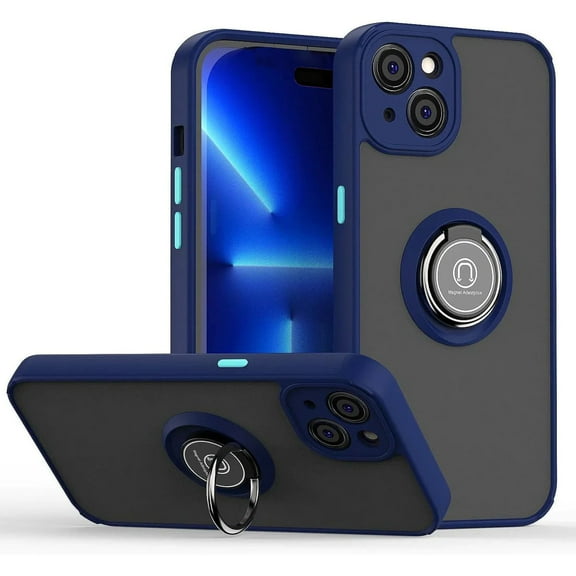 For Apple iPhone 15 Shock Proof Ring Case, Kickstand Rugged Phone Cover Armor Style, Impact-Resistant, Shock Absorbing Compatible for iPhone 15, Blue