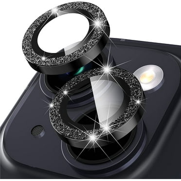 For Apple iPhone 15 / iPhone 15 Plus Bling Bling Ring Crystal Tempered Glass Camera Len Protector Cover Black