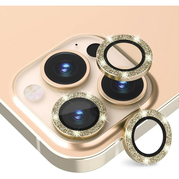 For Apple iPhone 15 / iPhone 15 Plus Bling Bling Ring Crystal Tempered Glass Camera Len Protector Cover Gold