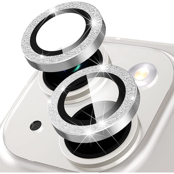 For Apple iPhone 15 / iPhone 15 Plus Bling Bling Ring Crystal Tempered Glass Camera Len Protector Cover Silver