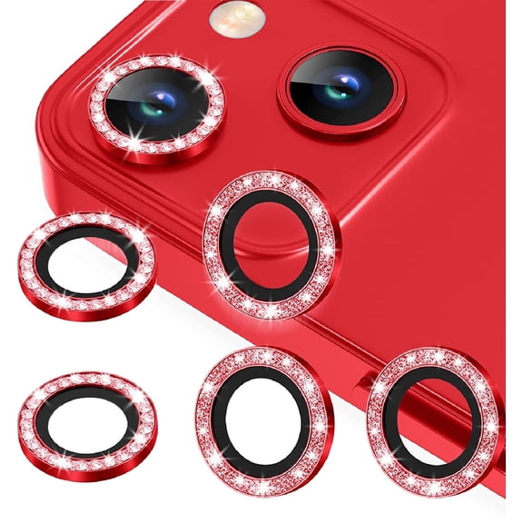 For Apple iPhone 15 / iPhone 15 Plus Diamond Bling Ring Crystal Tempered Glass Camera Len Protector Cover Red