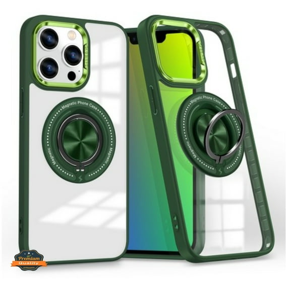 For Apple iPhone 16 (6.1") Clear Transparent Back Hybrid with Rotate Ring Stand & MagSafe Compatible Shockproof Slim TPU PC Phone Case Cover by Xpression - Green