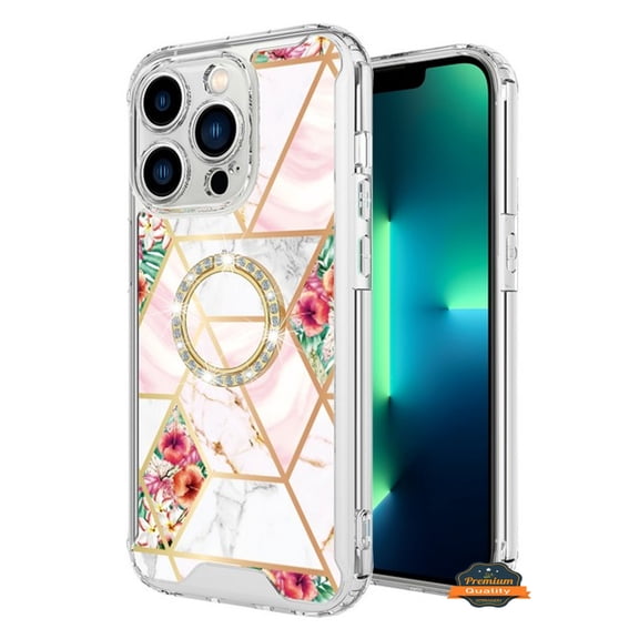 For Apple iPhone 16 (6.1") Fashion Design Pattern Hybrid Ring Kickstand Bling Diamond Hard PC TPU Protective Phone Case Cover by Xpression - Marble Pink Flowers