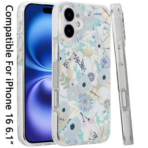 For Apple iPhone 16 (6.1") Floral Pattern Design Cute Clear Hybrid Compatible with Magsafe Double Layer Soft TPU Hard PC Back Slim Cover ,Xpm Phone Case [ Blue Floral ]