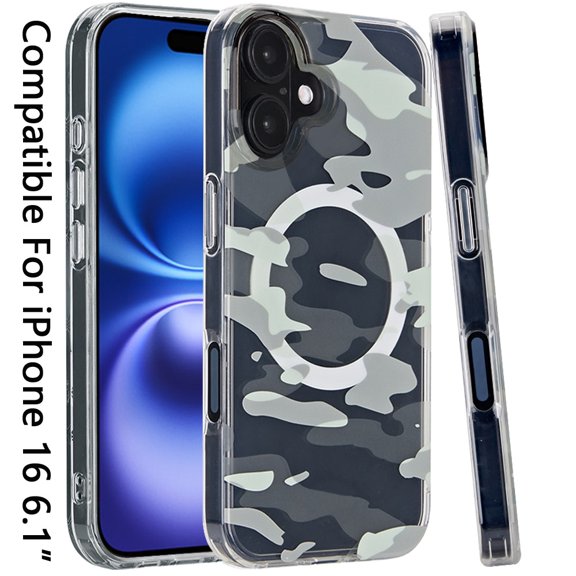 For Apple iPhone 16 (6.1") Floral Pattern Design Cute Clear Hybrid Compatible with Magsafe Double Layer Soft TPU Hard PC Back Slim Cover ,Xpm Phone Case [ Green Camo ]