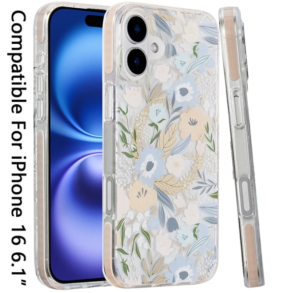 For Apple iPhone 16 (6.1") Floral Pattern Design Cute Clear Hybrid Compatible with Magsafe Double Layer Soft TPU Hard PC Back Slim Cover ,Xpm Phone Case [ Off-White Floral ]