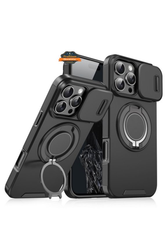 For Apple iPhone 16 (6.1") Hybrid 360° Rotatable Magnetic Ring Stand with Camera Slide Protector [Compatible with MagSafe] Phone Case Cover by Xpression - Black
