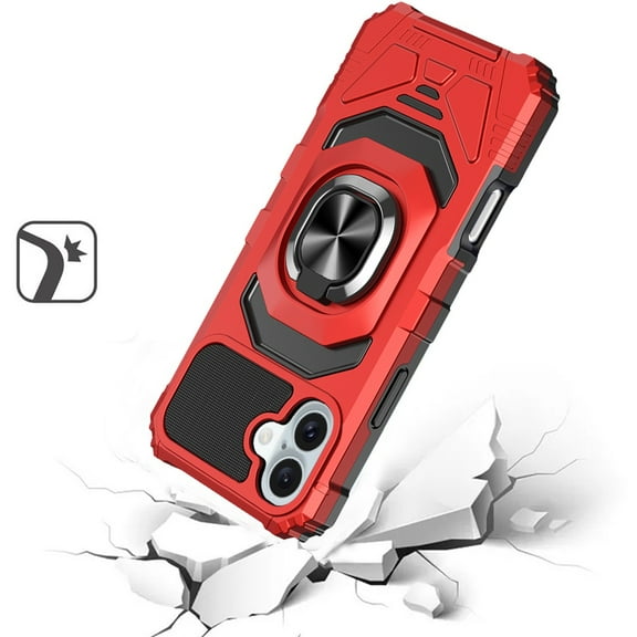 For Apple iPhone 16 (6.1") Hybrid Dual Layer with Rotate Magnetic Ring Stand Holder Kickstand, Rugged Shockproof Cover ,Xpm Phone Case [ Red ]