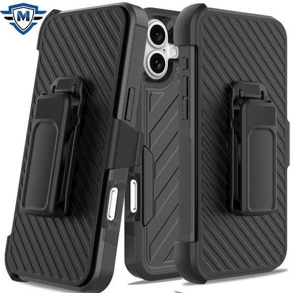 For Apple iPhone 16 (6.1") Premium Design Hybrid lined with Belt Clip Holster Shockproof Rugged Textured 2in1 Non Slip Tough Cover ,Xpm Phone Case [ Black ]