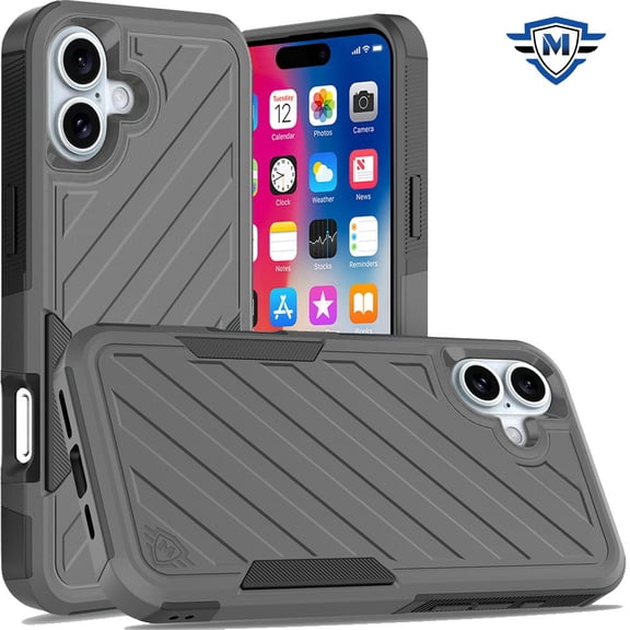 For Apple iPhone 16 (6.1") Premium Design Hybrid lined Shockproof Rugged Textured 2in1 Hard PC & Silicone TPU Non Slip Tough Cover ,Xpm Phone Case [ Grey Black ]