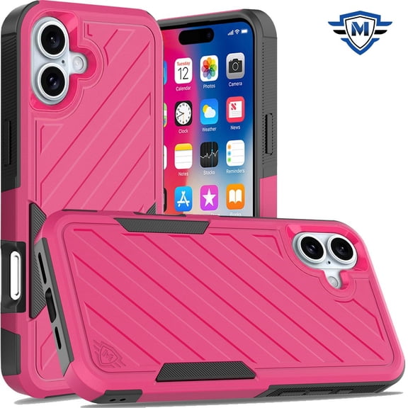 For Apple iPhone 16 (6.1") Premium Design Hybrid lined Shockproof Rugged Textured 2in1 Hard PC & Silicone TPU Non Slip Tough Cover ,Xpm Phone Case [ Hot Pink ]