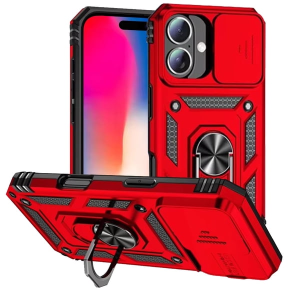 For Apple iPhone 16 (6.1") Shockproof Edge Bumper with Stand, Camera Lens Protection & 360° Rotate Ring Kickstand Cover ,Xpm Phone Case [ Red ]