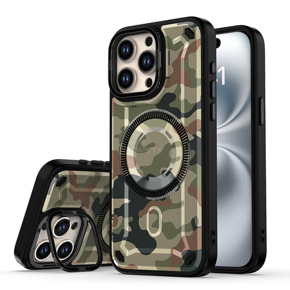For Apple iPhone 16 Camo Magsafe Wireless Charge Lens Protection Frame Kickstand Shockproof Protective Hybrid Case Cover Green