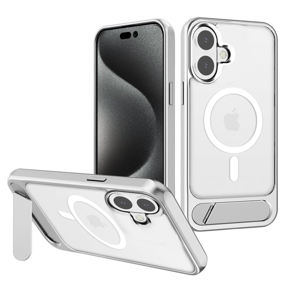 For Apple iPhone 16 Crystal Clear Magsafe Wireless Charging Car Mount Holder Kickstand Shockproof Hybrid Case Cover Silver