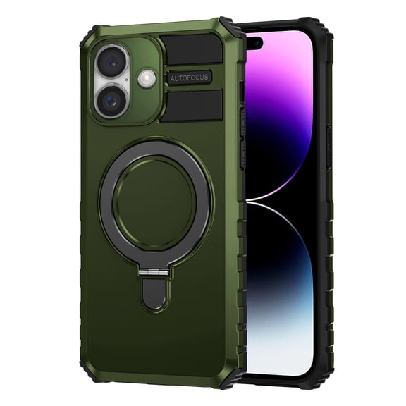For Apple iPhone 16 Dual Layer Protection Metal Magnetic Ring Kickstand Magsafe Wireless Charging Car Mount Holder Shockproof Hybrid Case Cover Green