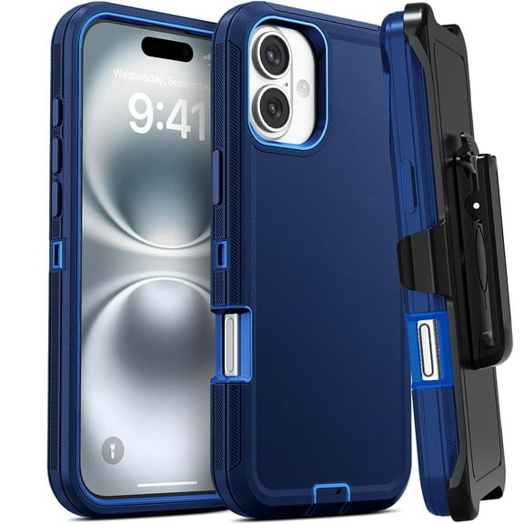 For Apple iPhone 16 Heavy Duty Armor Shockproof Protective Hybrid Case Cover With Clip Blue/Blue
