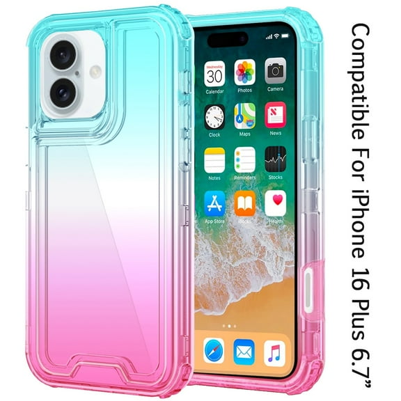 For Apple iPhone 16 Plus (6.7") Hybrid 3in1 Clear Two Color Tone Transparent Shockproof Rubber TPU + Hard Protective Frame Cover ,Xpm Phone Case [ Blue Teal + Pink ]