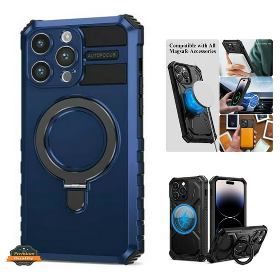 For Apple iPhone 16 Plus (6.7") Hybrid Bumper Invisible Stand Compatible with Magsafe 360° Ring Kickstand Shockproof Phone Case Cover by Xpression - Navy Blue