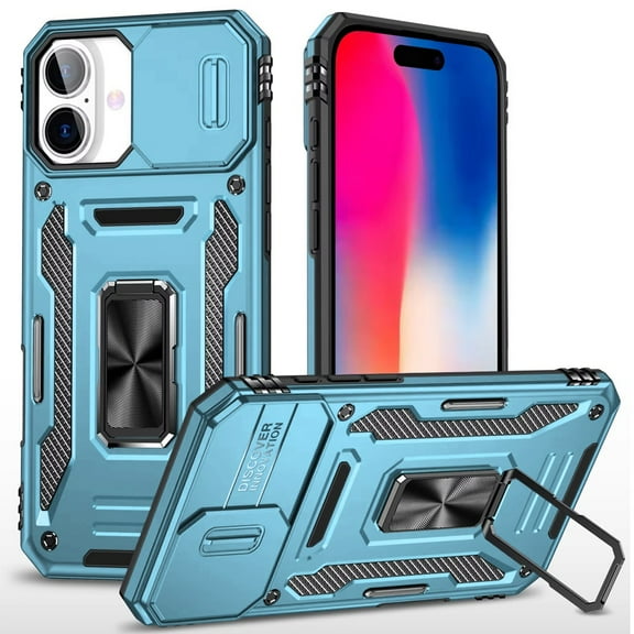 For Apple iPhone 16 Plus (6.7") Hybrid Case with Rotation Ring Stand Shockproof & Camera Window TPU Armor Dropproof Cover ,Xpm Phone Case [ Light Blue ]