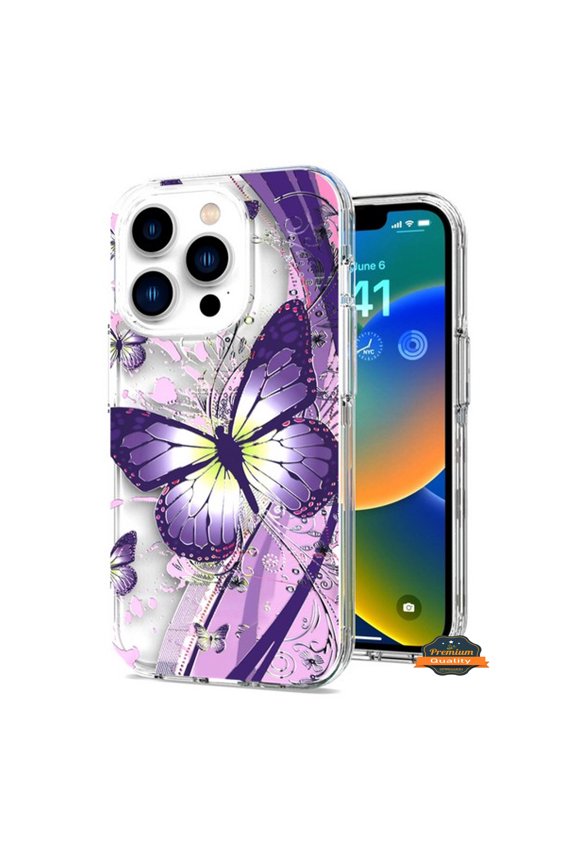 For Apple iPhone 16 Plus (6.7") Hybrid Trendy Image Patterns Design Transparent Hard Back Shockproof TPU Rubber Phone Case Cover by Xpression - Purple Butterfly