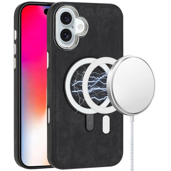 For Apple iPhone 16 Plus (6.7") PU Vegan Leather Chrome Edged Hybrid Hard PC TPU Rubber Compatible with MagSafe Cover, XPM Phone Case [Black]